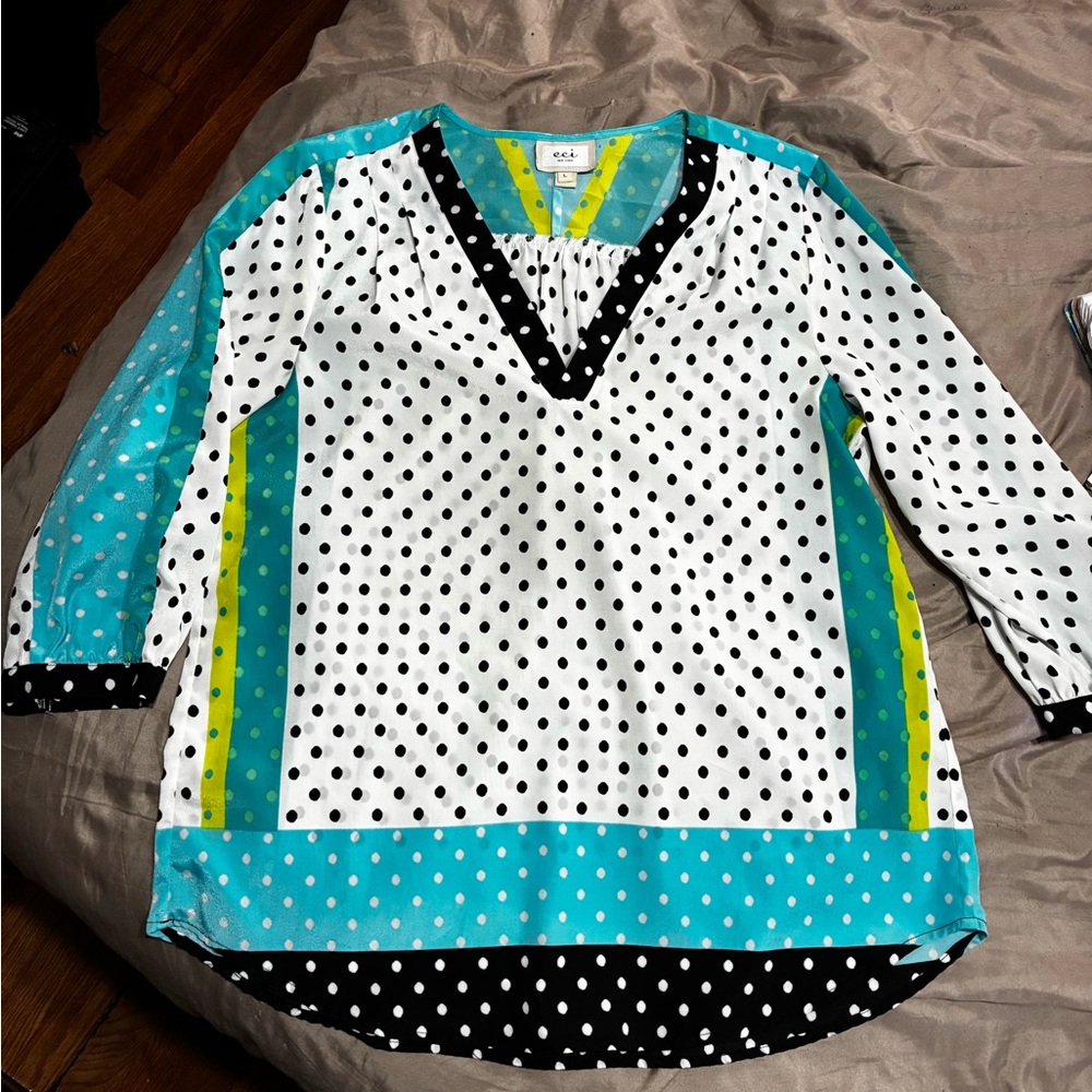 ECI Teal and Yellow Polka Dot Blouse